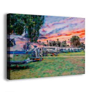 Airstream Travel Trailer Art Camping Decoration in Canvas Triptych and Metal Wall Art