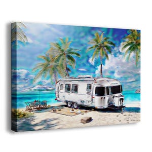 Decorazione da campeggio con roulotte Airstream in un campeggio tropicale in un paradiso oceanico, decorazione da parete in tela, trittico, carta e metallo