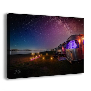 Airstream Travel Trailer Art Camping Decoration Night Scene in Canvas, Triptych and Metal