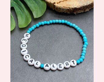 Medical Alert Bracelet, Personalised Turquoise Bead Medical ID Jewellery Acrylic Letter Beads Choose Any Name or Wording and Size