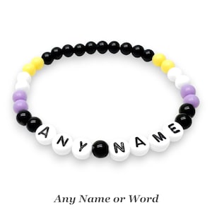 Personalised Non Binary Bracelet, Any Name or Word Enby Flag Colours Acrylic Letter Beads LGB LGBT LGBTQIA No Gender, Plus Sizes Available