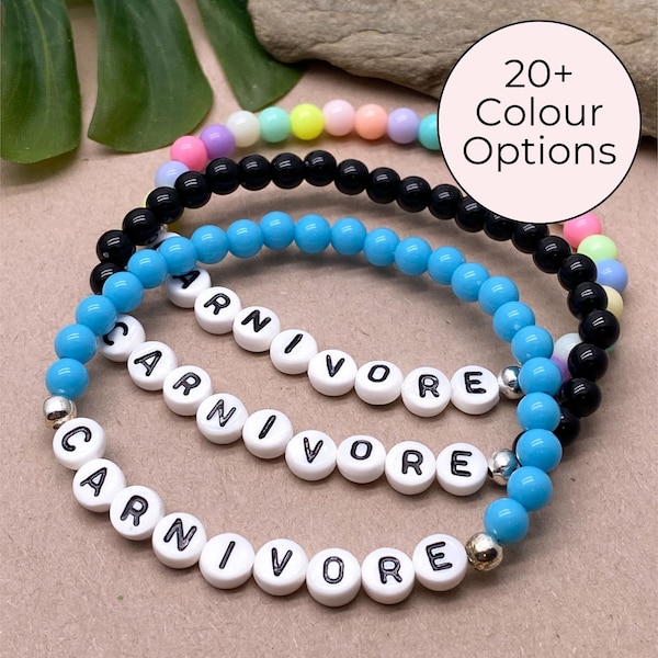 CARNIVORE Bracelet, Beaded Diet Jewellery Keto Ketogenic Low Carb LCHF Bacon Steak Meat Eater Fitness Acrylic Letter Beads Gift Idea for Her