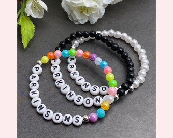 Parkinsons Bracelet Medical Alert ID Beaded Jewellery Disease Awareness Acrylic Letter Beads for Elderly Man Woman Size and Colour Choice