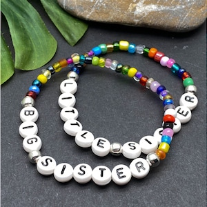 Conjunto de pulseira irmã mais velha, mistura de contas de sementes de vidro coloridas, joias com contas de letras, pulseira de contas de sementes de vidro, presente para meninas irmãs