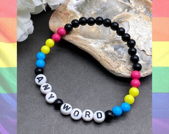 Personalised Pansexual Bracelet, Any Name or Word Pansexual Flag Colours Acrylic Letter Beads LGB LGBT LGBTQIA Pan Plus Sizes Available