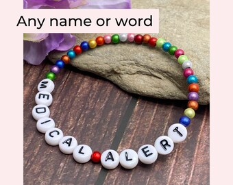 Personalised Medical Alert Bracelet, 4mm Miracle Beads Customised Awareness Jewellery Any Name or Word Special Needs for Kids Women Men