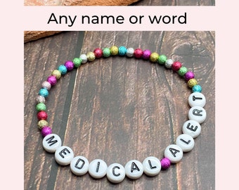 Personalised Medical Alert Bracelet, 4mm Stardust Sparkle Beads Customised Awareness Jewellery Any Name or Word Special Needs Kids Women Men
