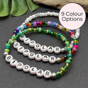 Pulseira BIPOLAR com alerta médico, identificação por carta, joias para conscientização bipolar, pulseira com miçangas de vidro para crianças, tamanho e cor à escolha