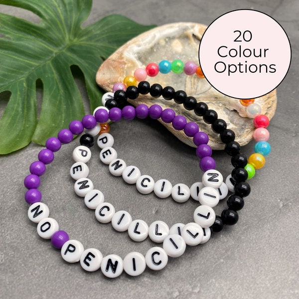NO PENICILLIN Bracelet, Medical Alert ID Beaded Allergy Jewellery Awareness Bracelet Acrylic Letter Beads for Kids Size and Colour Choice