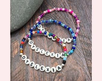 Dyslexia Bracelet Medical Alert ID Letter Bead Neurodiverse Jewellery Awareness Bracelet Glass Seed Beads for Kids Size and Colour Choice