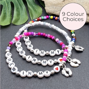 Pulsera de adopción, creció en mi corazón, joyería de cuentas de letras acrílicas, cuentas de semillas de vidrio, idea de regalo para nueva mamá, madre, papá, padre, bebé e hijo.