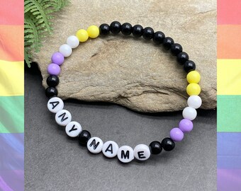 Personalised Non Binary Bracelet, Any Name or Word Enby Flag Colours Acrylic Letter Beads LGB LGBT LGBTQIA No Gender, Plus Sizes Available