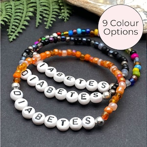 Pulsera de DIABETES con cuentas de vidrio para niños, con identificación de alerta médica, con letras y cuentas de semillas, para concienciar sobre la diabetes. Tamaño y color a elegir.