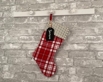 Red Plaid Christmas Stocking-Farmhouse Christmas-Handmade Stocking-Christmas Stockings for the Family-includes Personalized Chalkboard Tag