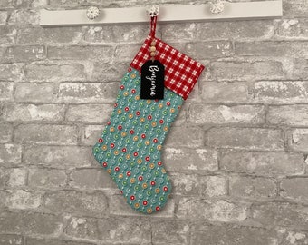 Blue Christmas Baubles Stocking-Coordinating Handmade Christmas Stockings for the Family-includes Personalized Chalkboard Tag