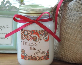 Custom Soy Candle//Vibrant Custom Label//Matching Satin Ribbon//Personalized Gifts//Bless this Home Candle