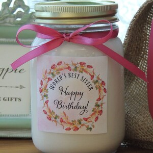 Custom Soy Candle//Vibrant Custom Label//Matching Satin Ribbon//Personalized Gifts//Happy Birthday Candle//Happy Birthday Sister