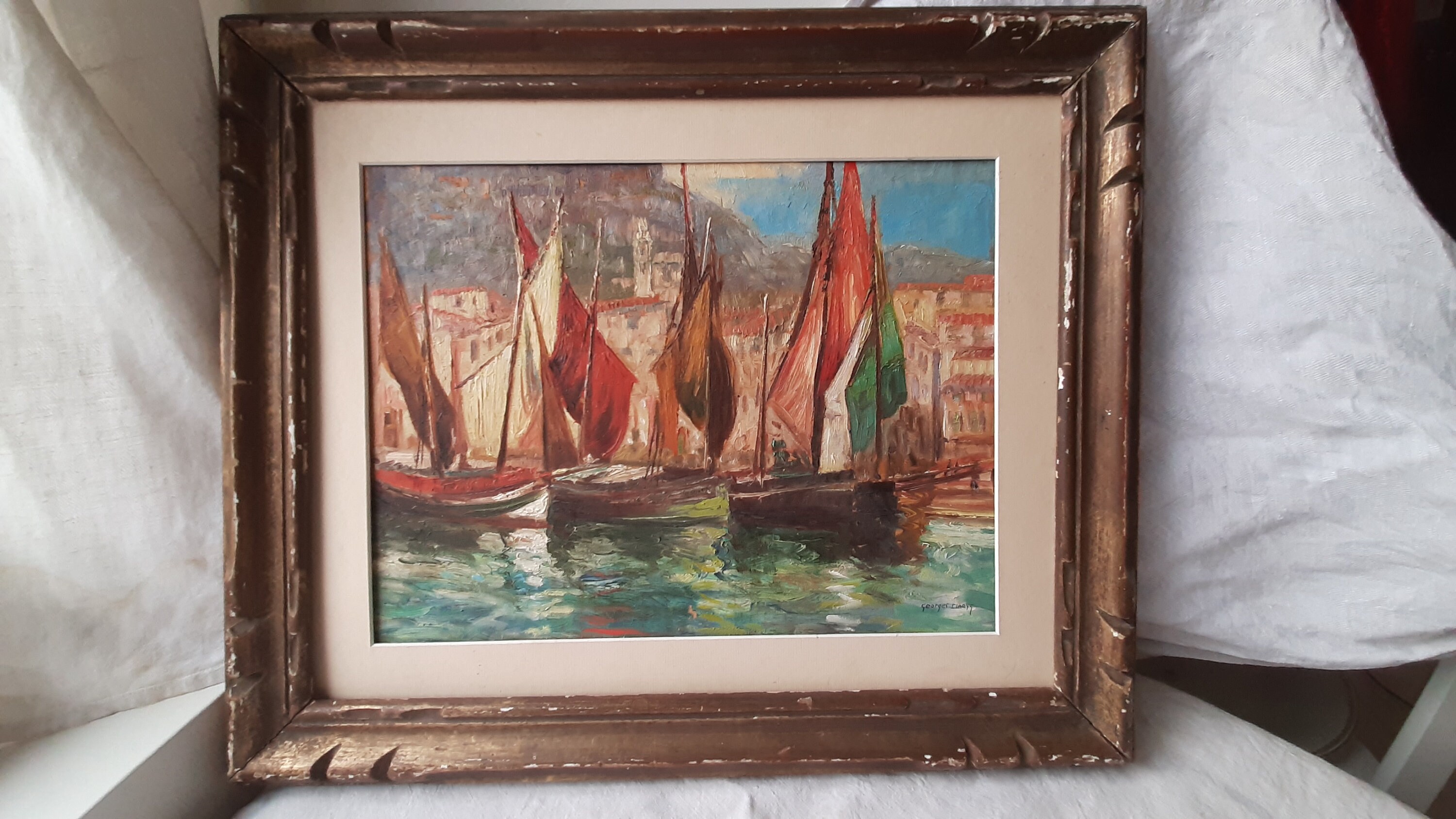 Peinture A L'huile Ancienne Bateaux de Georges Claeys.