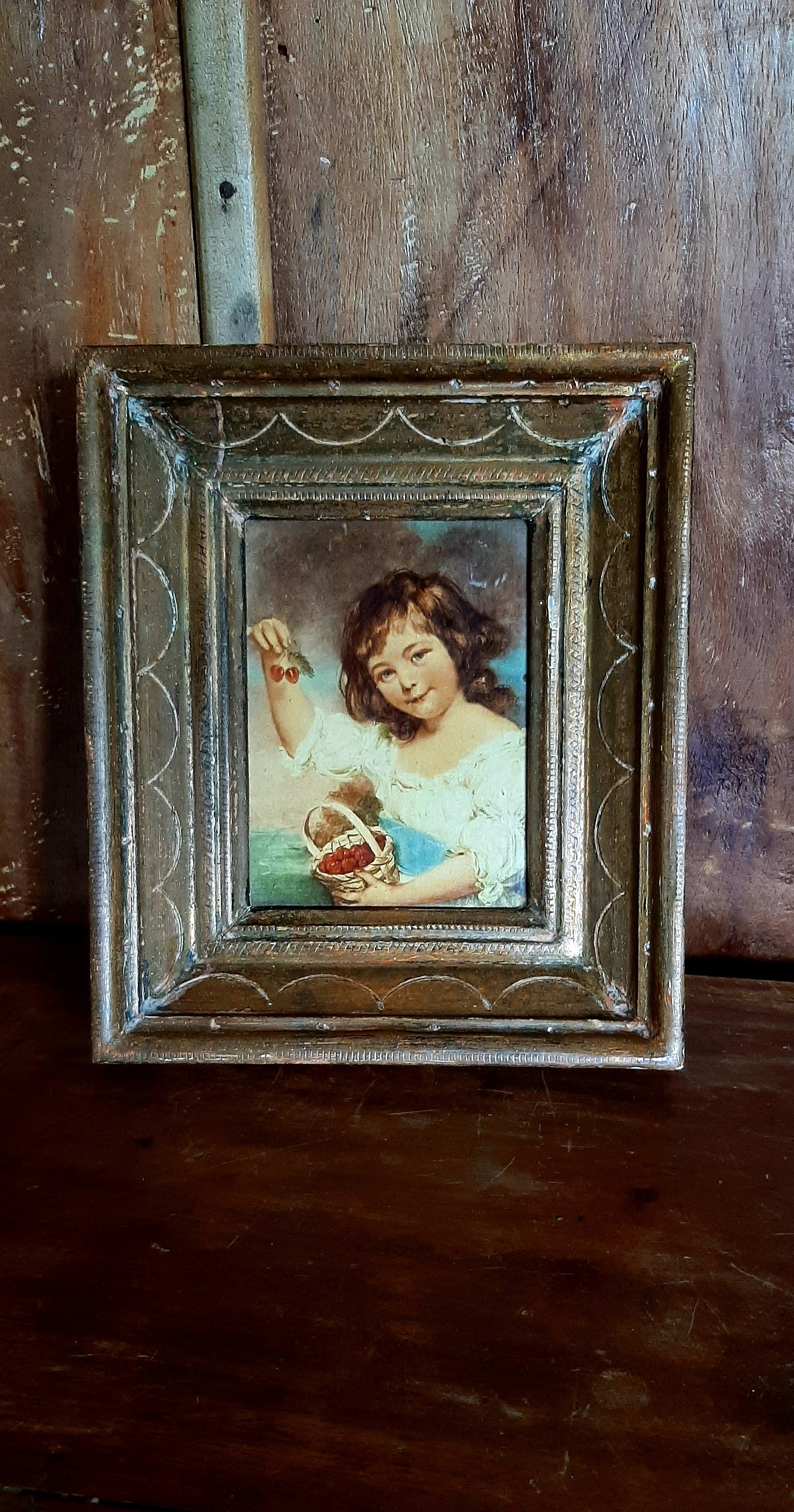 Petite Tableau Ancienne Jeune Fille Aux Cerises,60.00 EUR