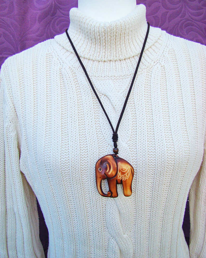 Good Luck Fortune Wisdom Elephant Talisman Wood Elephant Pendant Necklace Bohemia Necklace JewelryEthnic Style Long Necklace