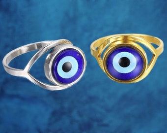Blue Evil Eye Stainless Steel Ring, Good luck Protection Turkish Evil eye ring, Gift for Her