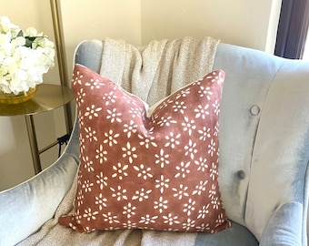 Hand Loomed Linen, Block Printed, Rust and White Floral Geometric Pattern, Off White Cotton Back, French Country Style