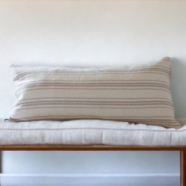 15x30 Lumbar Long Pillow Cover, Tan Ticking, Vintage Grain Sack Style Pillow Cover, Country Farmhouse, Bench Decorative Throw Pillow Cover
