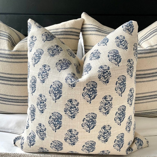 Blue Floral and Linen Modern Farmhouse Pillow Cover, Cover Only, Back is an Off-White Bull Denim Cotton