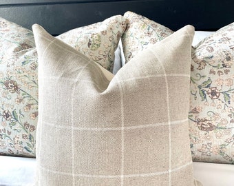 Natural and Cream Linen Windowpane Pillow Covers, Off White Cotton Back, Cover Only, Throw Pillow, Decorative Pillows, Farmhouse Decor