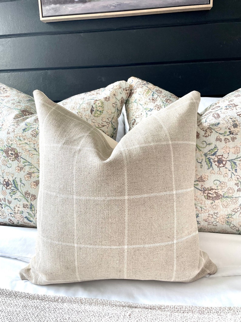 Natural and Cream Linen Windowpane Pillow Covers Off White image 1