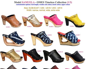 Samuela: Vegan Eco Friendly Heeled Mules/ Handmade Wooden Clog /  Small and Big Sizes / Any width / all sizes and widths /