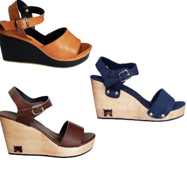 C5: Wooden Wedge Leather / wood clogs for small and wide feet / extended size, eco friendly vegan shoe, wide shoes fit narrow fit