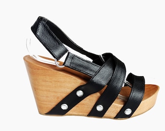 Diams: Platform Wooden Wedge Sandal with Crystals / wide shoes fit narrow feet wooden heels / Small Petite Feet Big Size Shoes