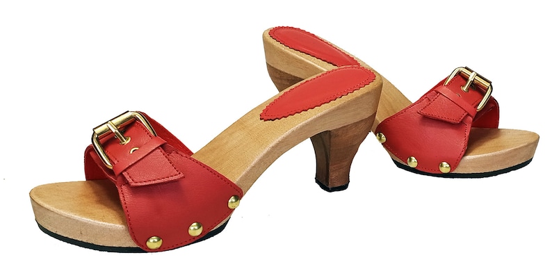 Pluto: Elegante Buckle Sandal Mule with a Wooden Heel / Genuine Leather/ Various Colours / Handmade Real Leather Jean Clogs Platform Wood Czerwony