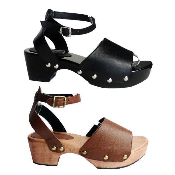 Domini: Vegan shoe block heel ankle strappy sandals/Hand made / clog wood heel / any size and width narrow or large skinny wide feet