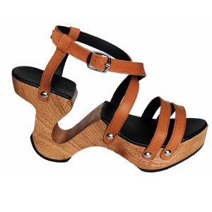 The Wave: Custom Made Sandal - Small Feet Shoes, any size from narrow to extra large width wood clogs, black or natural reddish wood cutout