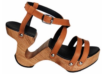 The Wave: Custom Made Sandal - Small Feet Shoes, any size from narrow to extra large width wood clogs, black or natural reddish wood cutout