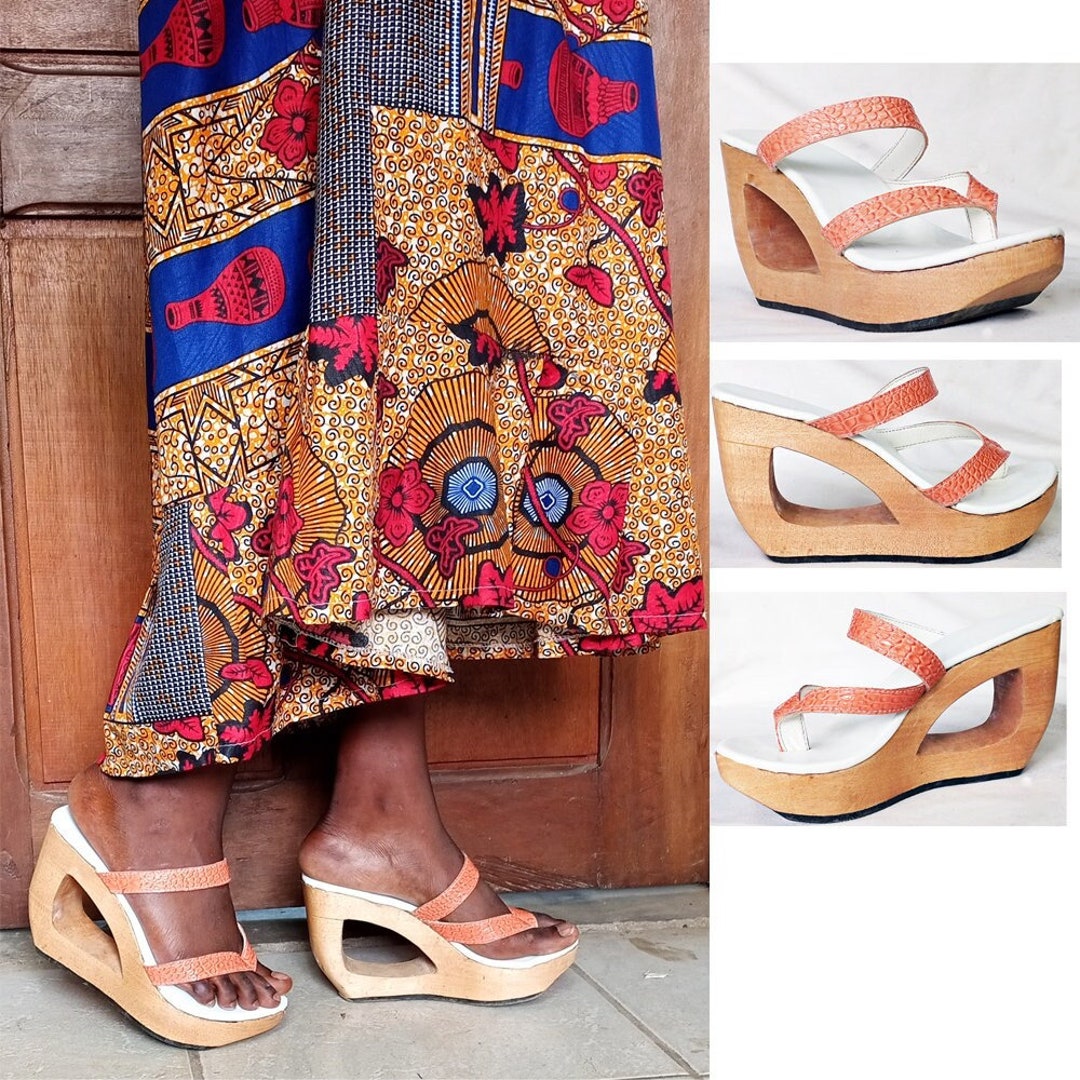 BRUNA: Cut-out Wooden High Heel Sandal Sculpted Platform