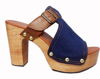 Marti: Mule High Heel Clog Jean Denim and Brown Leather / Heels in Wood, Upholstery Golden Nails, Padded Footbed Insole, Any Size and Width