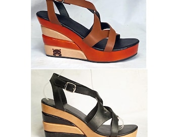 S1004: Strappy Sandals Wedges with Multicolour Heels / Wooden Platform Clogs with Assembled Heels / Custom Made Mules All sizes and Widths