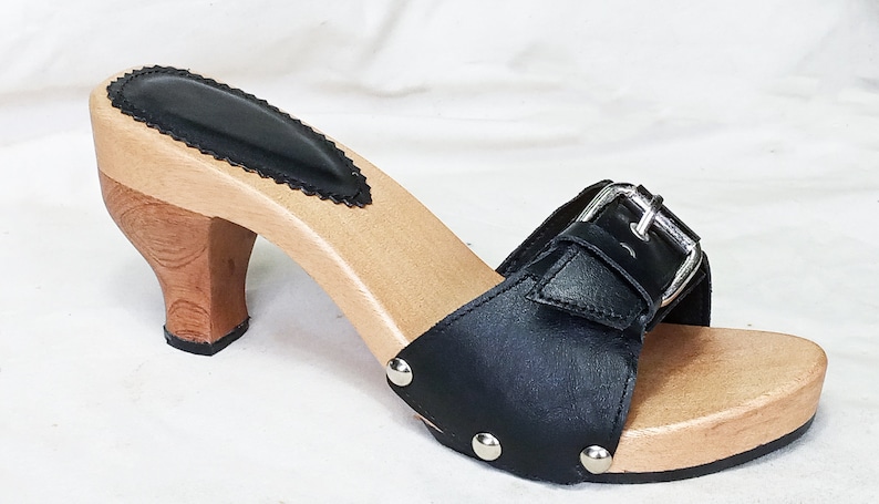 Pluto: Elegante Buckle Sandal Mule with a Wooden Heel / Genuine Leather/ Various Colours / Handmade Real Leather Jean Clogs Platform Wood Czarny