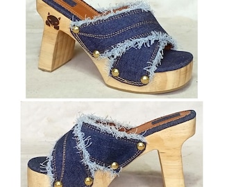 Stock: Sandale mit Absatz in Jeans Denim mit gemeißelter Absatz / Holz-Platform / Absätze für breite Füße / Vegan Handmade in Afrika
