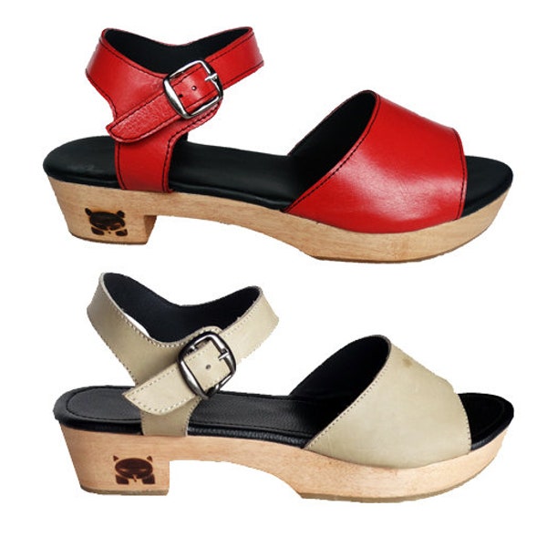 C5-M4: Wooden Sandal Clog Low heel - Free Customisation of Swedish Clogs - Holzclogs Holzschuhe manufaktur slippers / houten zolen