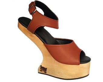 S1: Heelless Shoes / Lady Gaga style Carved Wooden Shoes / Sculpted Wood Platform Wedge Mule Sandal / High Heels Wood Clogs Genuine Leather
