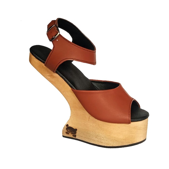 Women's Wedge Heel Sandals - Open Toe Slip-On Mules With 2.6 Inch Wood Grain Wedge