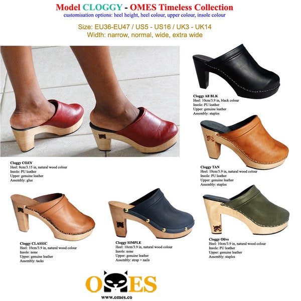 The Cloggy! High Heel Wooden Mule Platform / Small, petite or big size feet, narrow or wide width  / Wood Slip-On Mules Clogs Closed Toe
