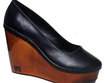 Brown Wedge Dress Shoes Canada F30: Platform Wooden Wedge Pumps