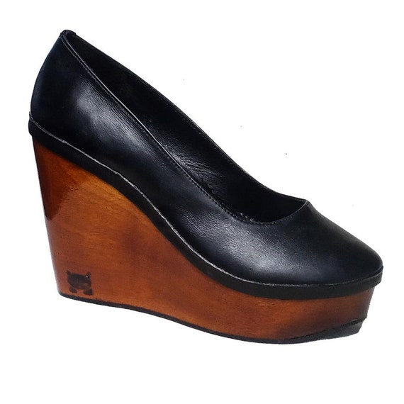 F30 Platform Wooden Wedge Pumps Closed Toe Handmade All Sizes and Widths Office Dress Shoes Genuine Leather High Heels Shoes Etsy