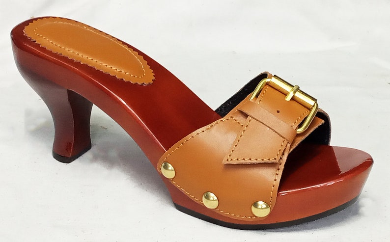 Pluto: Elegante Buckle Sandal Mule with a Wooden Heel / Genuine Leather/ Various Colours / Handmade Real Leather Jean Clogs Platform Wood Heel Merisier+Brown