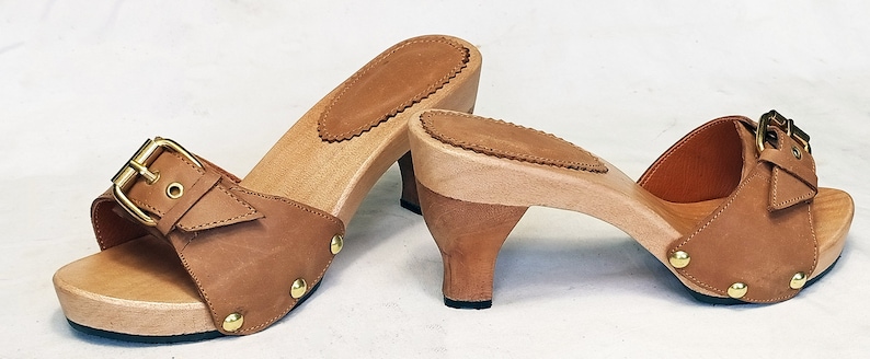 Pluto: Elegante Buckle Sandal Mule with a Wooden Heel / Genuine Leather/ Various Colours / Handmade Real Leather Jean Clogs Platform Wood Brązowy